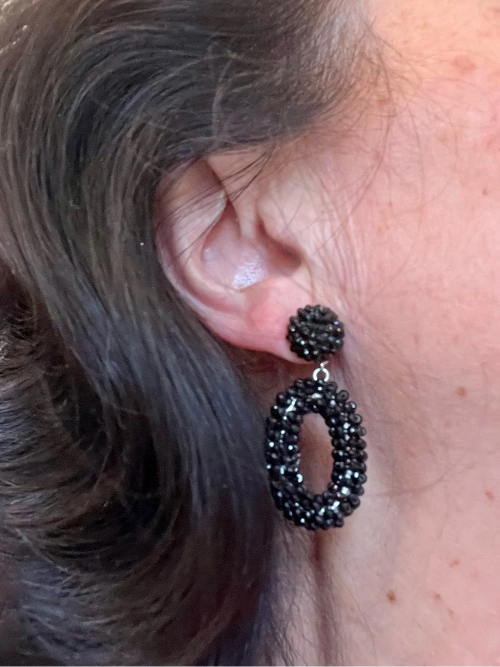 Vintage Black Beaded Hoop Drop Earrings - Women Jewelry - Picture 2 of 16